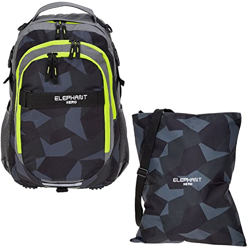 Elephant 2 Teile Set Schulrucksack HERO SIGNATURE Rucksack + Turnbeutel ATTACH BAG (Cyber Camo Gelb)