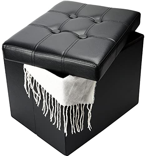 Bsketa Storage Ottoman, Folding Foot Stool with Thicker Foam Padded Seat Small Leather Storage Ottoman Bench Foot Rest for Living Room Foldable Coffee Table 17x13x13in,Black