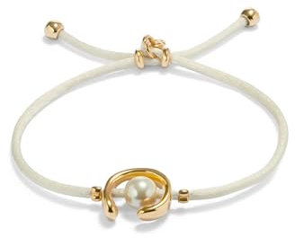 UNO de 50 | Pulsera de Hilo Crema con Perla Shell | Bañada en Plata de Ley | Joya Artesanal Española | Diseño Creativo