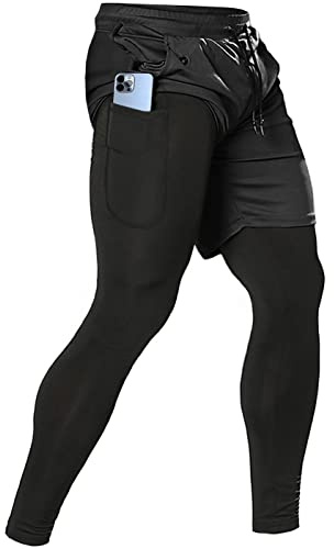 Aolesy 2-in-1-Laufhose für Herren, Fitnessstudio, Workout, Kompressionshose für Herren, Training, athletische Hose, Schwarz