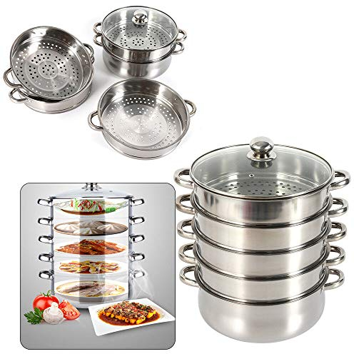 Vaporera de 5 capas, vaporera con tapa de vidrio, olla de acero inoxidable, accesorios para papas al vapor, olla de vapor, hervidor de vapor para estufa de gas y eléctrica