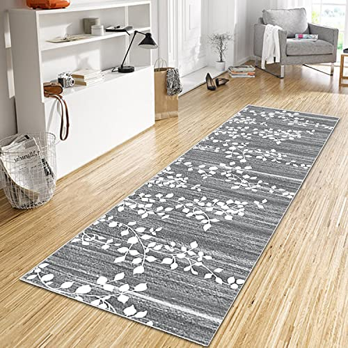 WTHYGB Teppich Läufer Flur Küche 40x200 cm, Modern rutschfest Waschbar Küchenläufer Flurläufer, Lang Polyester Blattmuster Grau Teppichläufer für Korridor, Schlafzimmer, Innen Wohnzimmer
