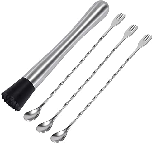 Pilon à Cocktail et Cuillère à Mélanger en Acier Inoxydable, 21cm Marteau à Glace Pilée et 26cm Cuillères à Cocktail pour Mojito et Autres Boissons à Base de Fruits (Lot de 4)