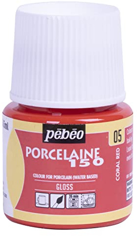 Pebeo Porcelaine 150 Ceramic Paint - Water-Based High-Gloss Color Paints for Porcelain, Premium Art Supplies, Non-toxic & Heat-Safe, 45 ml Bottle, Coral Red