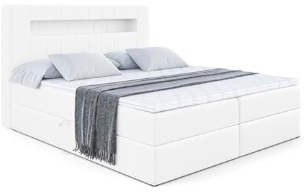 ALTDECOR Boxspringbett mit Matratze und Lattenrost, LED Boxbett, Topper, Polsterbett mit Bettkasten, Bett mit Stauraum H4-Matratze, Doppelbett, Springboxbett - ORGOL2-180x200 - Weiß Kunstleder