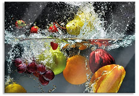Pixxprint Glasbild, Wandbild aus Echtglas, Früchte fallen ins Wasser, 80x60 cm, inkl. Aufhängung und Abstandshalter
