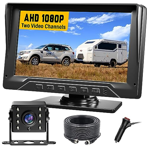 RV Rückfahrkamera Plug and Play, 17,8 cm (7 Zoll) Backup-Kamera für LKW-Anhänger, keine Verzögerung, 1080P HD, 2 Kanäle, 150° Weitwinkel, DIY-Führungslinien, Nachtsicht, IP69 Rückfahrkamera
