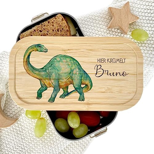 Manufaktur Liebevoll - Personalisierte Brotdose mit Fächern, Edelstahl Lunchbox mit Bambus Deckel u. Trenner, Nachhaltige Brotbüchse | Mädchen, Jungen (Motiv Dino, Edelstahl | S)