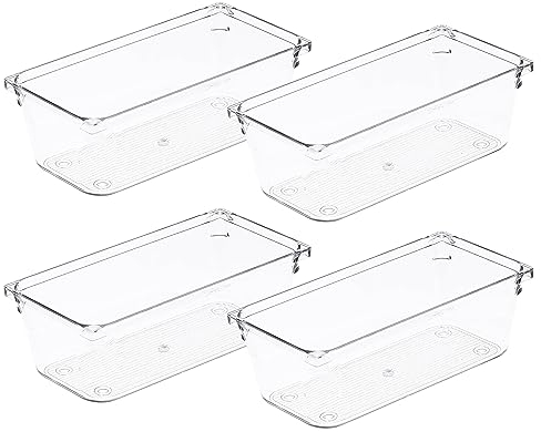 Amtido 4 Pack Drawer Organisers - Sturdy Clear Plastic - Versatile Storage for Kitchen, Bathroom, Utensils, Makeup, Office, and Desk Accessories (7.6cm x 15.2cm x 5.1cm)