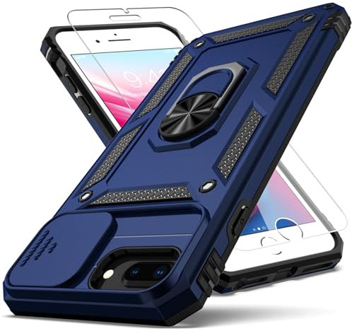 YZOK Coque de protection antichoc de qualité militaire pour iPhone 8 Plus, iPhone 7 Plus, iPhone 6 Plus, avec coque d'appareil photo coulissante + protection d'écran HD, anneau rotatif, béquille –