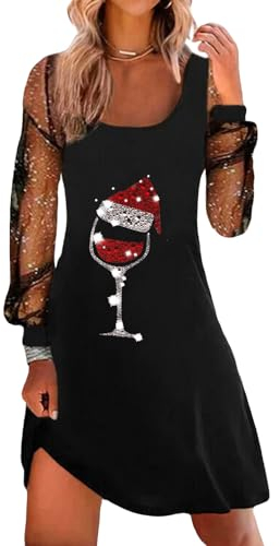 shownicer Weihnachtskleid Damen Weihnachten Rot Weinglas Druck Minikleid Sexy Mesh Partykleid Lose Rundhals Langarm Kleider Herbst Winter Christmas Festkleid A Schwarz XL