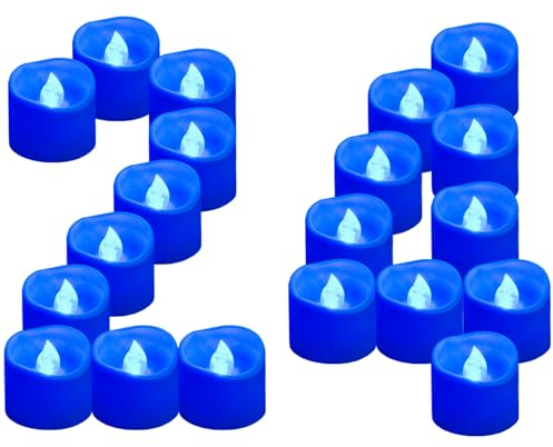 Yakpo 24 Stück LED-Teelichter, batteriebetrieben, flammenlos, blau, flackernde Kerzen, elektrisch, gefälschte Votivkerzen, Großpackung für blaue Hochzeit, Party, Weihnachten, Halloween, Dekorationen