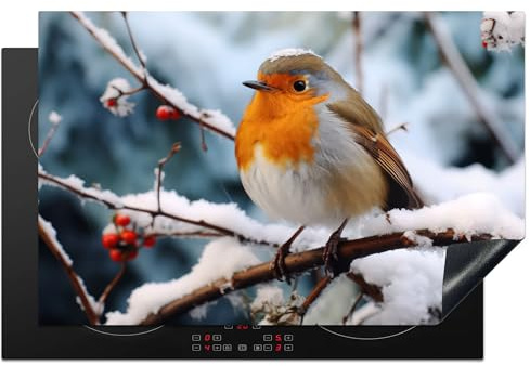 KitchenYeah© Protege Plaque Induction 81x52 cm Decoration Cuisine Tapis de Protection Pour Plan De Travail Cuisson Protégé Rouge-gorge - Hiver - Neige - Oiseau - Nature