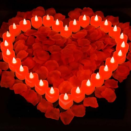PLLYPE Herz Form LED Teelichter, 24 stück Herzförmige flammenlose LED teelicht, Herzförmige Flammelose Kerzen, mit 2000 Stück rosenblätter, für verlobung, heiratsantrag, Hochzeiten