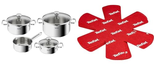 Tefal Batterie de Cuisine 7 pièces, Casserole 16 cm, Faitouts 16/20/24 cm + couvercles, Induction, Inox, Duetto A705A835 & Set de 4 Protectors, Plastique, Rouge, 38 x 36 x 1 cm
