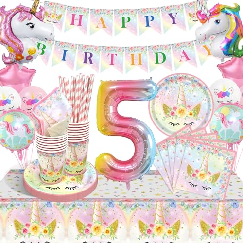 LAISLLA Vaisselle Anniversaire Licorne - Décoration Fille 5 Ans, Assiettes, Ballons pour Fête Enfants Garçon - 16 Invités