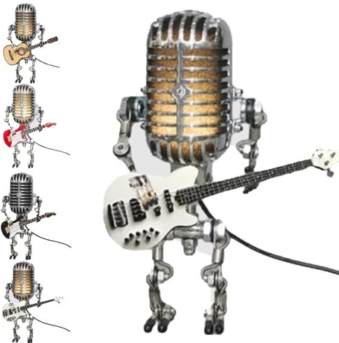 Nihexo Retro Style Metal Microphone Robot Desk Lamp with Mini Guitar (White)