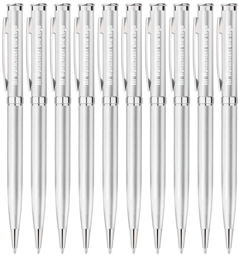 Gravurmaster 10er-Set Kugelschreiber Personalisiert,Dre-Kugelschreiber mit Gravur von Logo & Text,Hochwertige Silber Metall-Kulis für Business,Unternehmen,Werbeartikel,Events,Schule,Büro,Blau Tinte