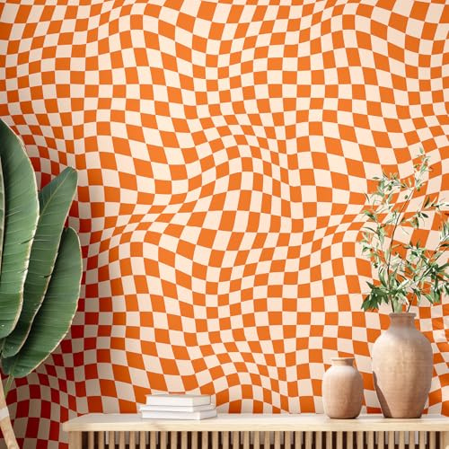 Dunzoom 15.75''x118'' Checkered Peel and Stick Wallpaper Aesthetic Removable Contact Paper Preppy Wallpaper Decorative Checkerboard Decor for Cabinets(Orange)