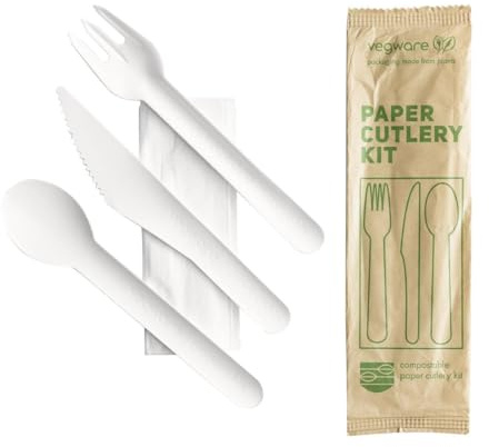Vegware Compostable Paper Cutlery Kit 4in1 (Case 250) | Includes knife, fork, spoon and napkin inside a paper wrap for quick hygienic distribution in takeaway services.