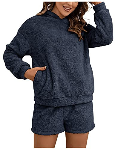 Damen Strickset mit zwei Pullovern, kurz, farbig, langärmelig, Winter, Plüsch, mit Kapuze, Strickset, Nachtwäsche, warmer Anzug, zierliche Hose, dunkelblau, S