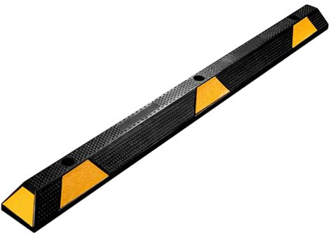 Wiltec Radstopper 165 x 15 x 10 cm, Einparkhilfe aus Gummi, Parkplatzbegrenzung mit gelben Reflexionsstreifen & Schraubrillen, Parkplatzsperre für Garage