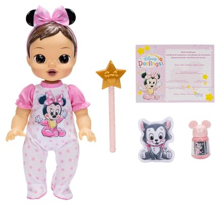 Disney Poupée bébé Minnie Mouse Darlings aux Cheveux Bruns, par Jakks Pacific, avec Lueur Magique et Effets Lumineux, Comprenant Une Baguette Magique, Une Bouteille de poussière de fée