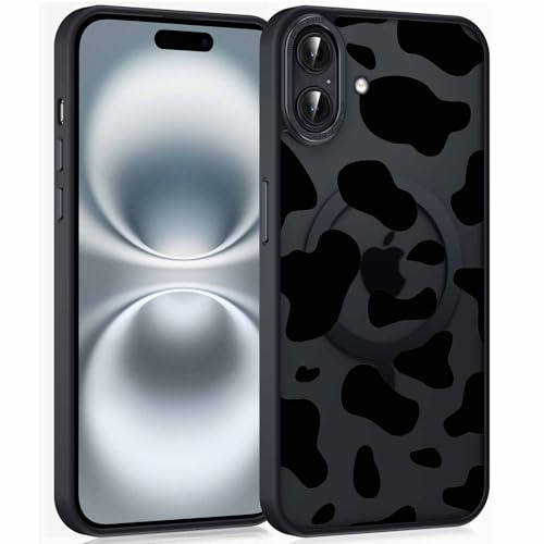 Phoona Handyhülle für iPhone 16 Magnetisch Hülle 6,1'', Kompatibel mit MagSafe Aesthetic Muster TPU Weiches Schwarz Mat Silikon Case Kratzfeste Stoßfest Cover für Mädchen, Kuhmuster