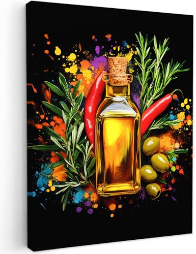 MuchoWow© Impression sur Toile Photo Peinture 30x40 cm Tableau Decoration Murale Chambre Salon Maison Deco Cuisine Huile d'olive - Graffiti - Poivre - Olives - Moderne