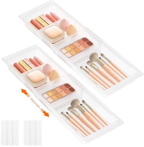 Lifewit 2 Pack Sliding Makeup Drawer Organiser Trays with Inserts, Expandable Hanging Desk Drawer Divider, 14“-22 Long/1.8 High Plastic Organiser Tray in Vanity/Bathroom/Office/Kitchen, Translucent