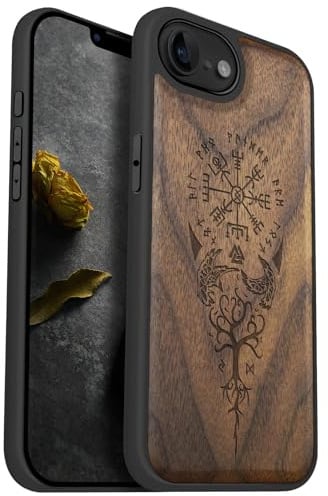 Carveit Wood Case for iPhone 16e/17e - The Guiding Vegvisir - Walnut | Magnetic iPhone 16e/17e Case - Compatible with MagSafe Wireless Chargers - Engraved Wood with Soft TPU Shockproof Bumper