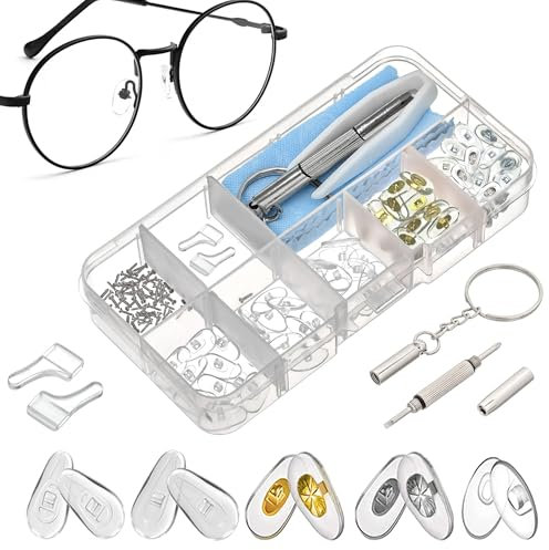 Naselli per Occhiali, 25 Paia Cuscinetti Nasali Avvitabili per Occhiali in Silicone, Kit di Riparazione Occhiali con Viti Cacciavite Pinzette Panno per Pulizia
