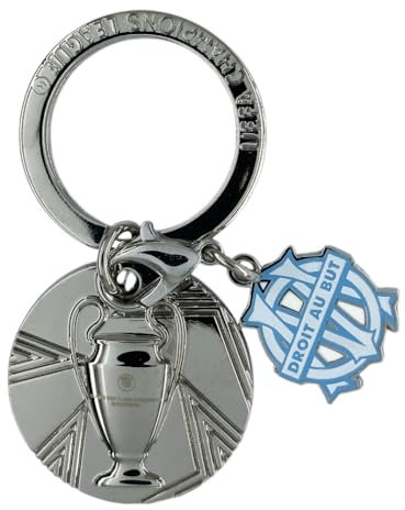 AMBALLCOM, Porte-clés OM UEFA Champions League en métal, Réplique trophée 2D + logo Olympique de Marseille, Accessoire supporter officiel, Cadeau foot fan club officiel