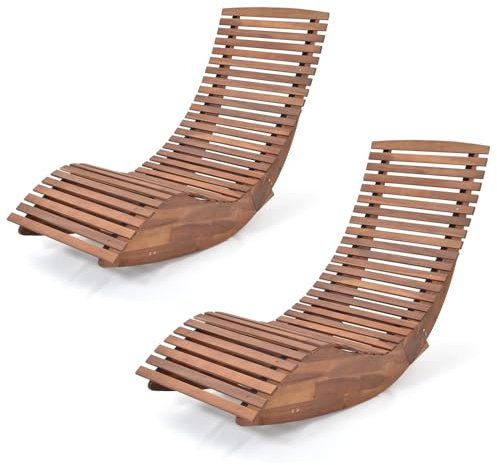 GIANTEX Tumbona Mecedora de Madera de Acacia con Diseño de Listones Transpirables, Silla de Sol con Balancín para Tomar el Sol, Ideal para Patio, Jardín, Piscina (2)