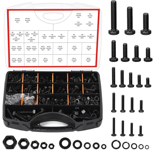 Glarks 1045pcs M4/M5/M6/M8/M10 Grade 8.8 Hex Bolt Screws with Nuts and Washers Set, Includes 259pcs Hex Bolts, 262pcs Hexs Nut, 524pcs Washers, Bolts and Nuts for Machinery, Furniture, Motorcycle