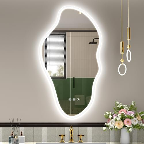 STARLEAD Asymétrique Miroir-Salle-de-Bain-avec-Eclairage 90x50cm, Irrégulier Miroir-LED avec Bluetooth, 3 Couleurs de Lumière Réglables, Anti-buée, Mémoire, IP44, Verre Trempé, Horizontal/Vertical