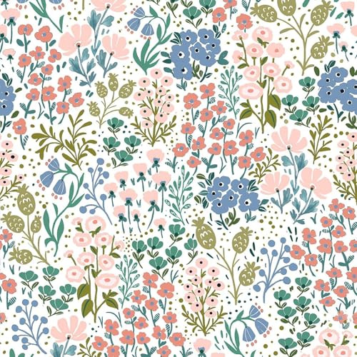 VEELIKE Papier Peint Fleuri Graffiti Vintage Papier Peint Floral Rose et Bleu Papiers Peints Adhesif Mural pour Salon Chambre D'enfant Adhesif Mural Decoratif Salle de Bain Cuisine 44,5 cm x 300 cm