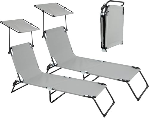 Stagecaptain CS-190 Sonnenliege klappbar mit Dach 2X Set – Gartenliege 190cm - Verstellbare Rückenlehne & Sonnendach - Wetterfest & faltbar für Garten, Balkon, Terrasse, Strand, Camping - Schwarz-Grau