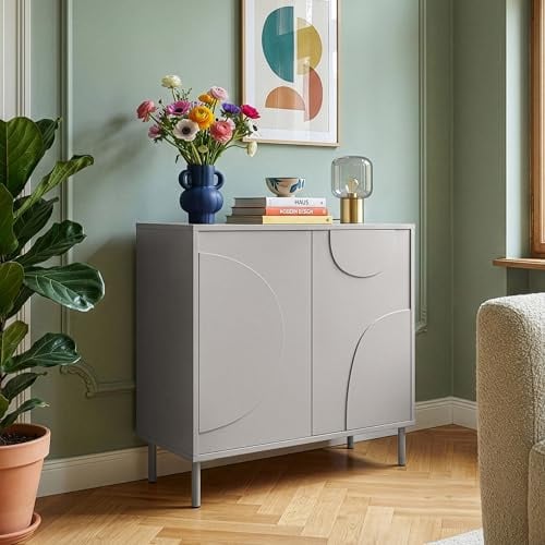 [en.casa] Sideboard Wohnzimmer Holea Kommode schmal Schrank Wohnzimmerschrank mit 2 Türen Push-to-Open Flurschrank Anrichte Schlafzimmer 75 x 70 x 34 cm Grau