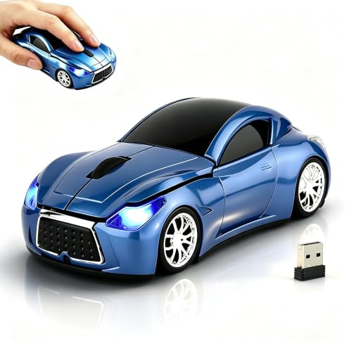 KeautFair Drahtlose Maus in Sportwagenform mit Scheinwerfer, Niedliches Lustiges LED-Licht, Tragbar Leise Optische Mäuse mit USB-Empfänger, für PC Laptop,Geschenk (Blau)