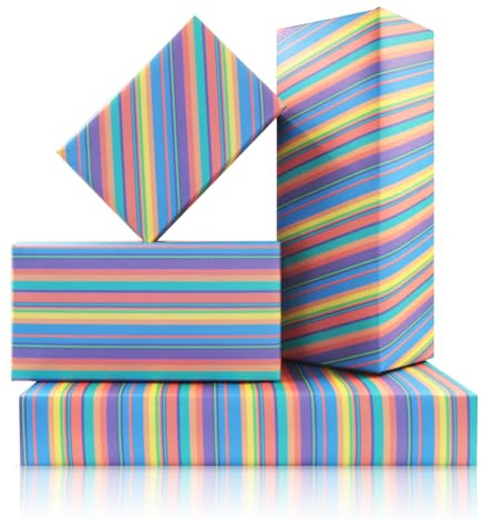 Geschenkpapier mit lebendigen Regenbogenstreifen für Damen und Herren, luxuriöses buntes Streifen-Linien-Druck-Design, 4 Blatt, flach gefaltet, Geschenkpapier für Weihnachten, Urlaub, Hochzeit