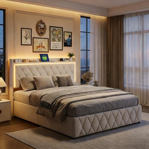 HYNHXBP Lit Coffre 140x190 avec Sommier, Lit 140 x 190 avec Sommier, Lit Double Rembourré en Velours Beige avec LED USB, Tête de Lit avec Rangement, Cadre de Lit Capitonné pour Adultes et Adolescents