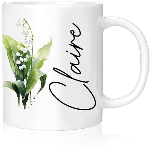 Rainsar Mug Personnalisé Texte Double Face Florale, Tasse à Café Céramique Personnalisée Femme avec Fleur et Texte, Cadeau Maman Anniversaire Fête des Mères Personnalisable, 300ml, Muguet