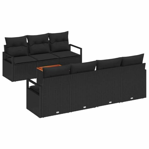 QJBSAVVA 8-teiliges Gartensofa-Set aus Polyrattan, Modulare Lounge-Sitzgruppe Schwarz mit Tisch und Stauraum, Gartenmöbel-Set mit Akazienholz für Terrasse und Garten, 7 Personen