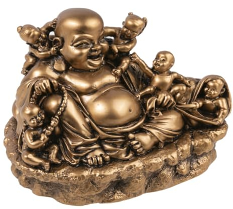 lachineuse - Lachende Buddha-Statue mit Kindern - 15 cm, goldfarben - Feng Shui-Dekoration - chinesisches Zen - Dekorationsobjekt für Innenbereich, Wohnzimmer - Geschenkidee China Asien Viel Glück