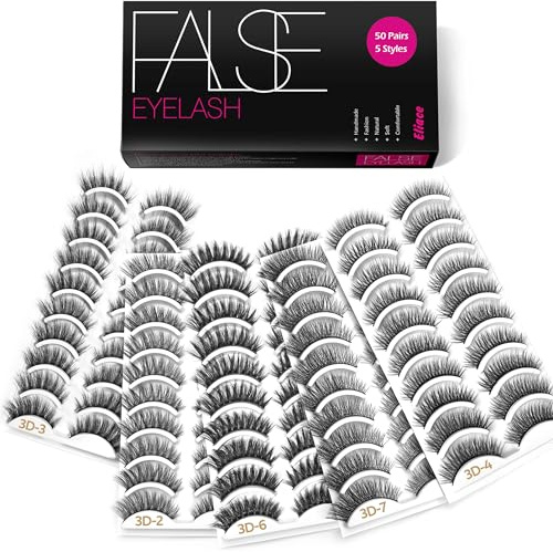 Eliace Eyelashes, (50 Pairs,5 Styles) Luxurious Faux Mink Lashes Natural Look Wispy Fluffy Handmade Cat Eye False Lash,False Eyelashes Set,Fake Lashes Strips,Fake Eyelashes Pack,Vegan & Cruelty-Free