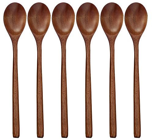 Cucharas de madera, 6 cucharas de sopa de madera de 9 pulgadas para comer, mezclar, agitar, cuchara de mango largo con utensilios de cocina de estilo japonés, cuchara de mesa ecológica ADLORYEA