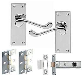 Golden Grace Victorian Scroll Latch Door Handles in Polished Chrome with Hinges & Latches Pack - 2 Sets - 120mm x 40mm