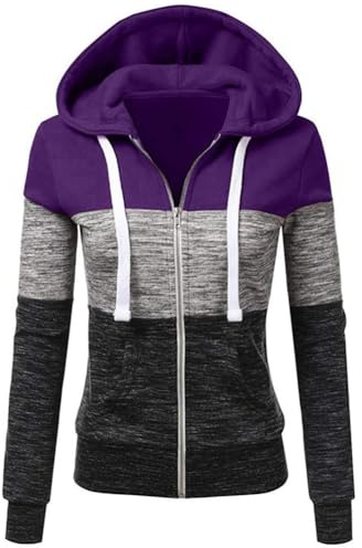 Newbestyle Hoodies for Women Color Block Hooded Sweatshirt Basic Zip-Up Jersey Jacket Long Sleeve Top with Pockets Plus Size Purple 2XL