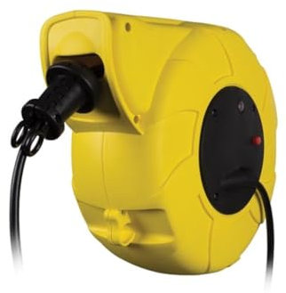 Perel Enrouleur automatique de câble électrique, pour montage mural et au plafond, terre allemande, système d'enroulement automatique, pivotant à 180°, disjoncteur thermique, 13 + 2 m, 3G1.5, jaune